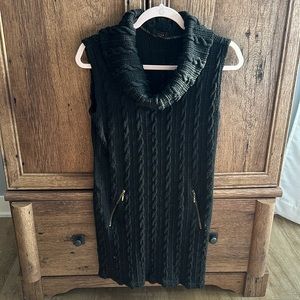 Black cable-knit lightweight turtle neck sleeveless sweater dress